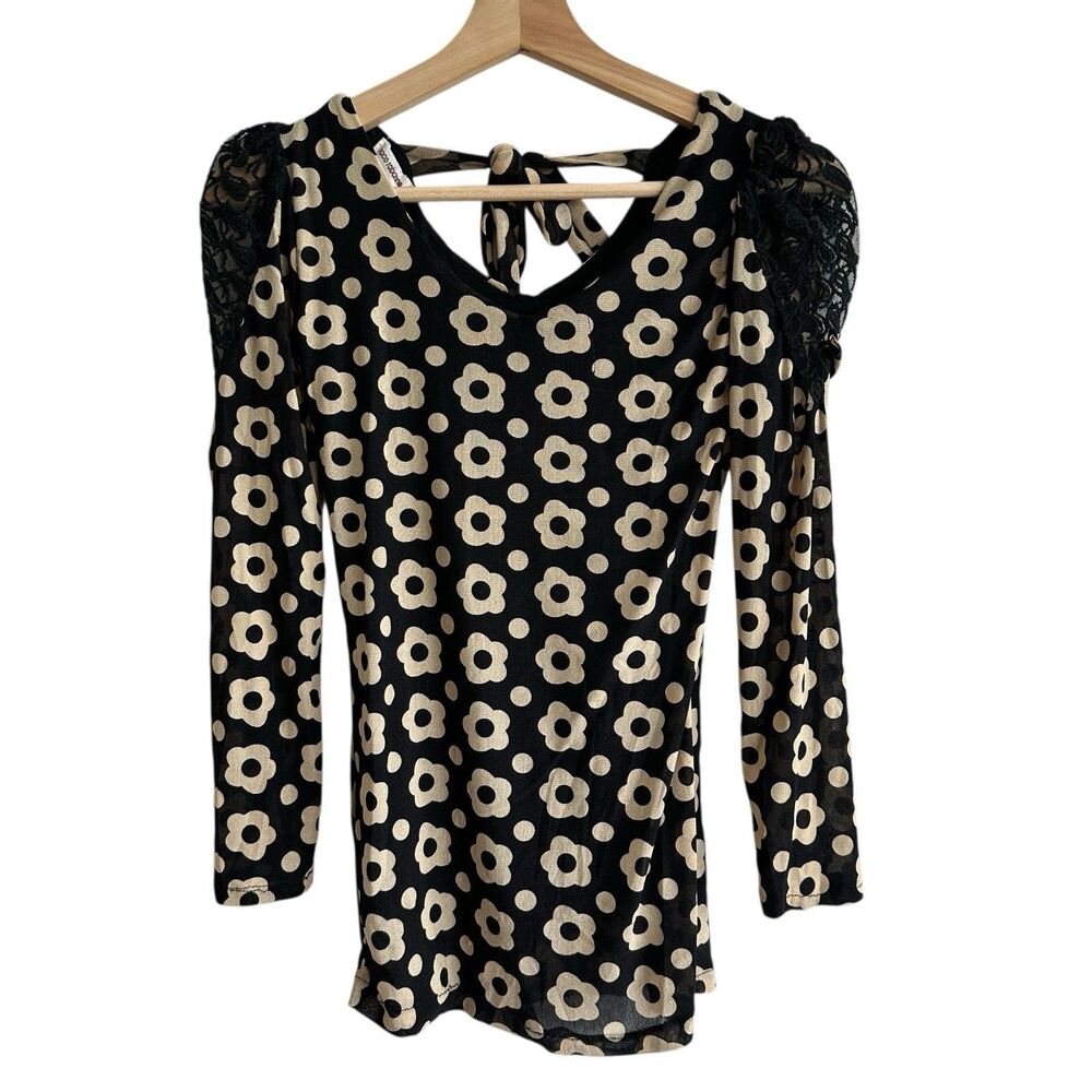 VTG Paco Rabanne blouse L Y2K floral shiffon lace shoulders Whimsigoth